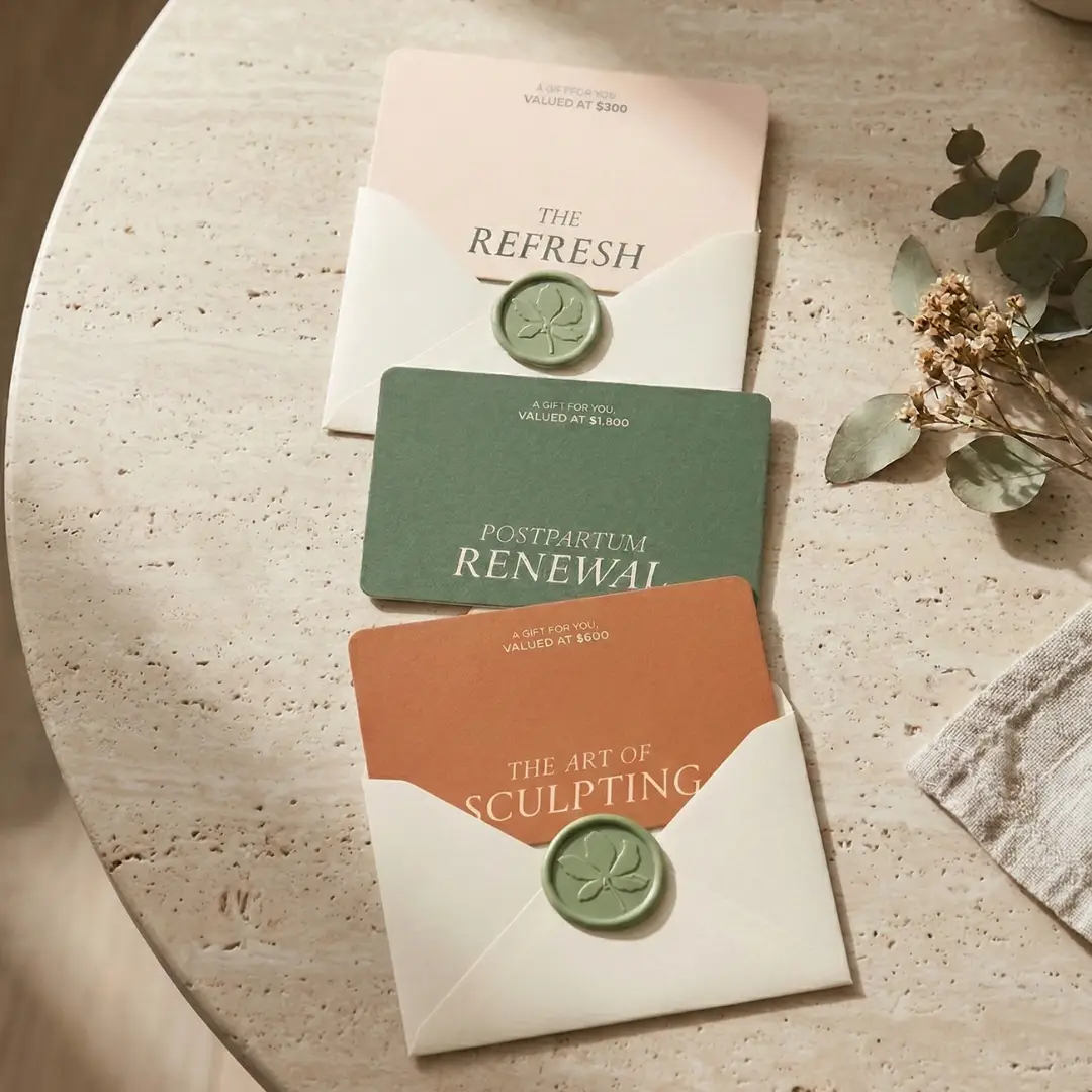 The three Prologue Wellness gift cards in their envelopes, each sealed with a green wax seal